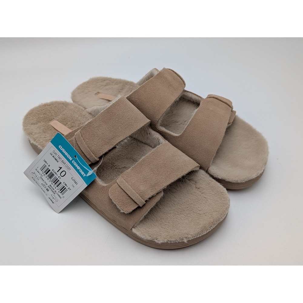 Reef Sandals Women 10 Tan Ojai Two Bar Cozy Suede Faux Fur Slides CJ7051 Comfort